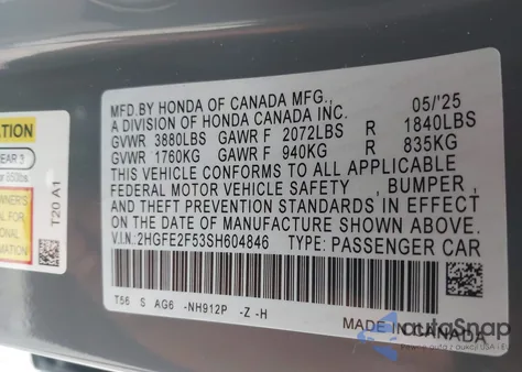 2025 Honda Civic Sport из США, поврежденный, VIN 2HGFE2F53SH604846